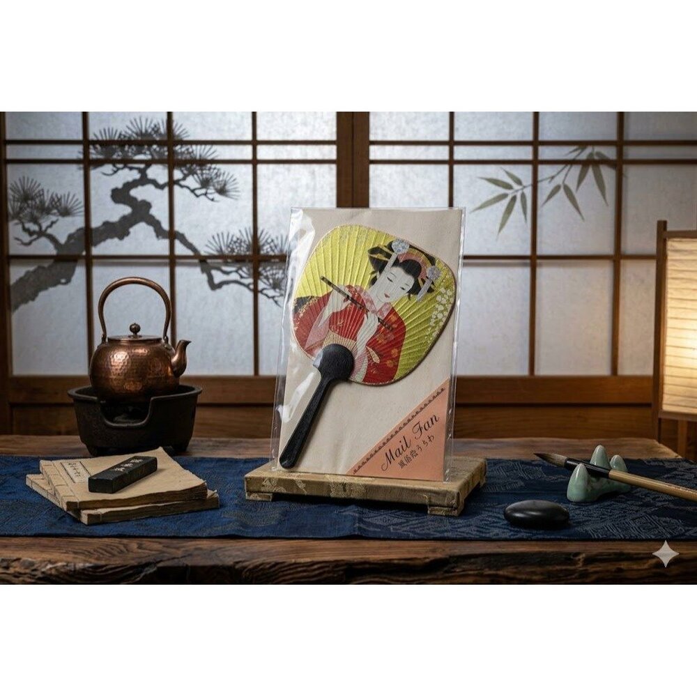 Japanese Uchiwa Fan Greeting Card Geisha Art Traditional Hand Fan Made in Japan - Picture 2 of 7